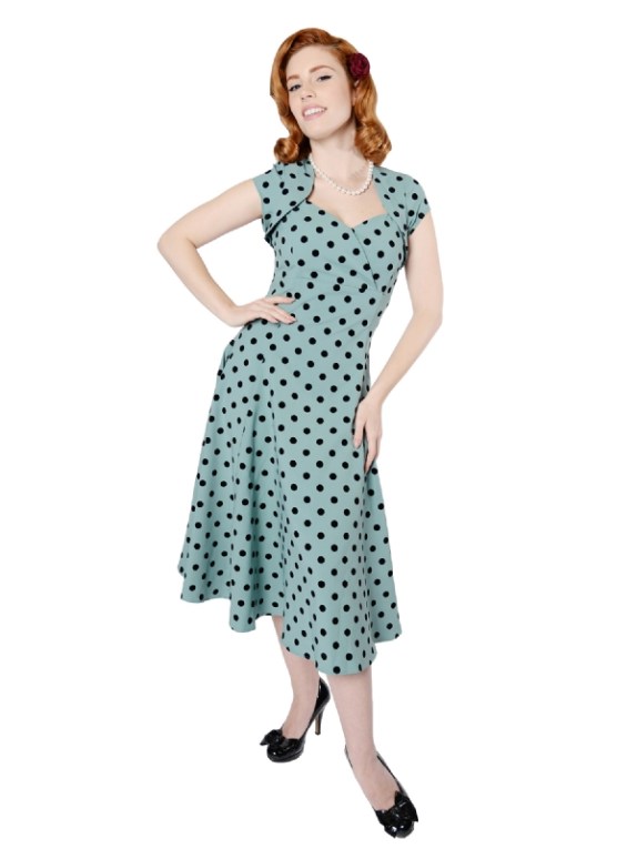 Regina Doll Polka Flock Dress Dusky Blue FrontW